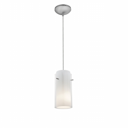 28033-1c-bs-clop 1 Light Glass In Glass Cylinder Pendant In Brushed Steel With Clear Outer Opal Inner Glass