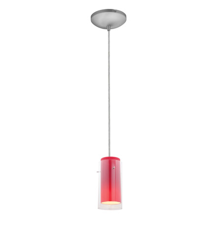 28033-1c-bs-clrd 1 Light Glass In Glass Cylinder Pendant In Brushed Steel With Clear Outer Red Inner Glass