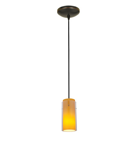 28033-1c-orb-clam 1 Light Glass In Glass Cylinder Pendant In Oil Rubbed Bronze With Clear Outer Amber Inner Glass