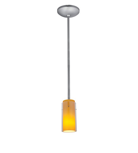 28033-1r-bs-clam 1 Light Glass In Glass Cylinder Pendant In Brushed Steel With Clear Outer Amber Inner Glass
