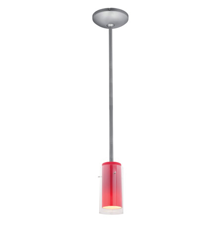 28033-1r-bs-clrd 1 Light Glass In Glass Cylinder Pendant In Brushed Steel With Clear Outer Red Inner Glass