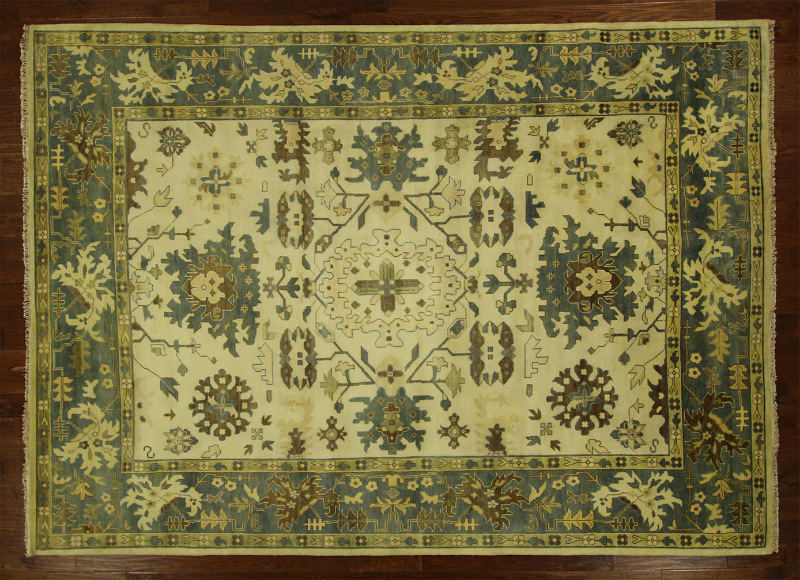 H3506 New Traditional Ivory & Blue Oushak 10 X 14 Ft. Hand Knotted Turkish Wool Rug