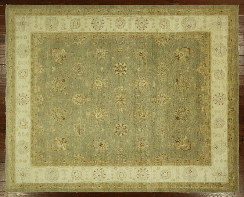 H5961 New Super Pakistani Chobi Floral Vegetable Dyed Green Hand Knotted Wool 8 X 10 Ft. Rug
