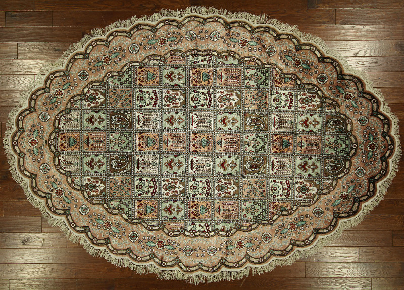 H6012 New Oval Original Pure Silk Hand Knotted Kashan 7 X 10 Ft. Multi-color Garden Rug