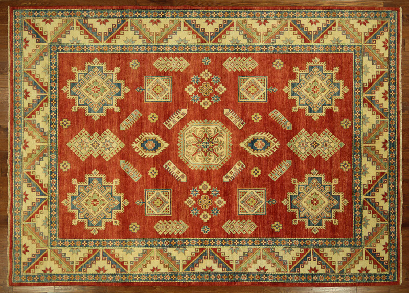 H6137 New 9 X 13 Ft. Hand Knotted Wool Geometric Red Vegetable Dyed Super Kazak Area Rug