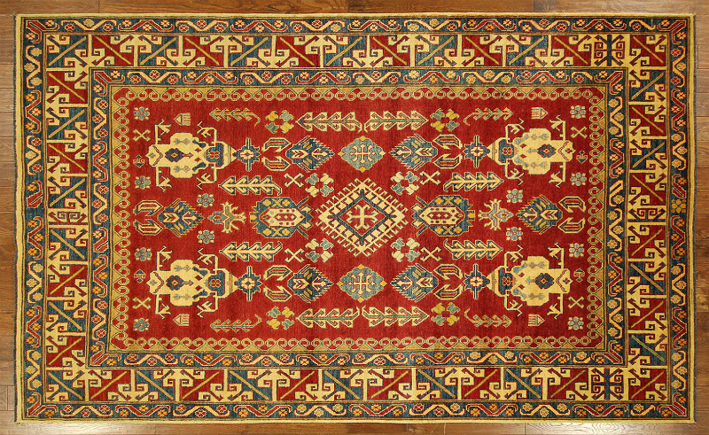 H6148 7 X 11 Ft. Geometric Red Super Kazak Wool On Wool Hand Knotted Area Rug