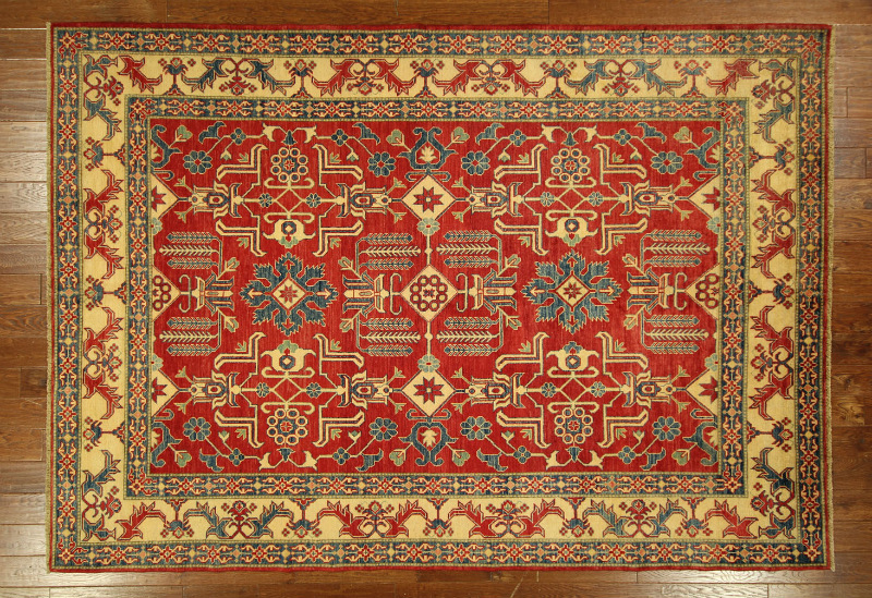 H6172 New 8 X 11 Ft. Vegetable Dyed Geometric Hand Knotted Wool Red Super Kazak Oriental Rug