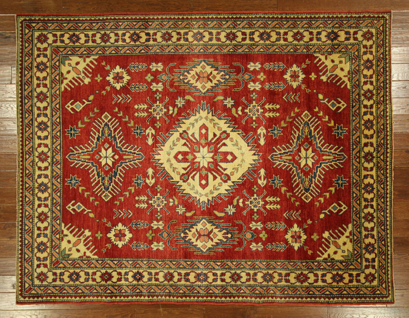 H6173 Oriental 7 X 9 Ft. Geometric Hand Knotted Wool Red Super Kazak Area Rug