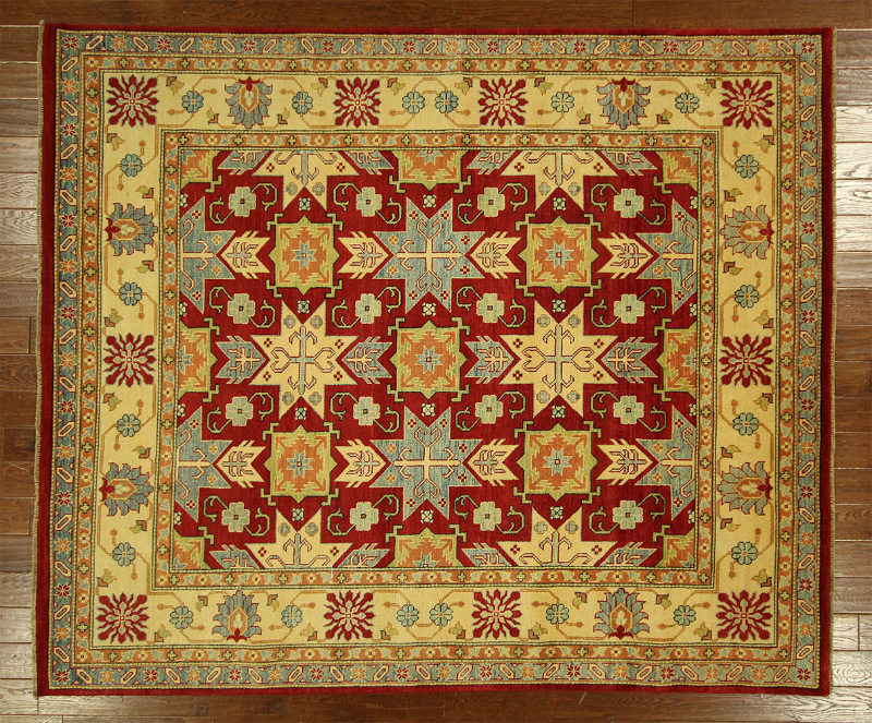 7 Ft. 10 In. X 9 Ft. 2 In. Geometric Hand Knotted Wool Red Super Kazak Oriental Area Rug
