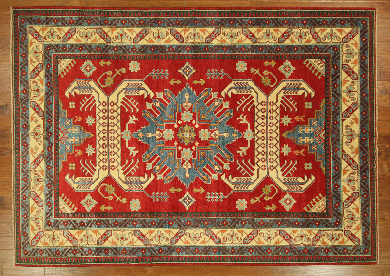H6192 Traditional 8 X 12 Ft. Geometric Love Red Super Kazak Hand Knotted Wool Area Rug