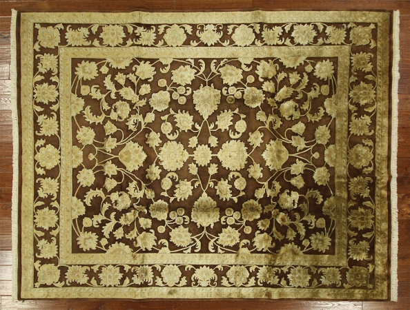 H1153 New Hand Knotted Brown Wool & Raised Ivory Silk Kashan 8 X 10 Ft. Area Rug