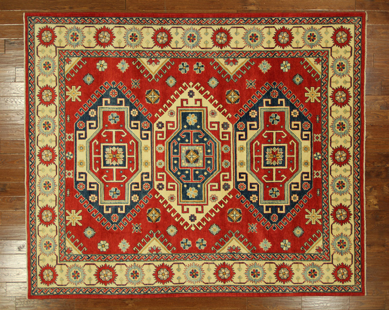 H4028 New Hand Knotted Wool Rug 8 Ft.5 In. X 10 Ft. Geometric Diamond-shaped Medallion Red