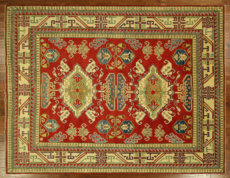 H5822 New Super Kazak Wool Knotted By Hand 8 X 10 Ft. Red Geometric Rug