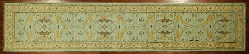 H5612 4 X 20 Ft. Baby Blue Runner Hand Knotted Wool Oushak Turkish Geometric Rug