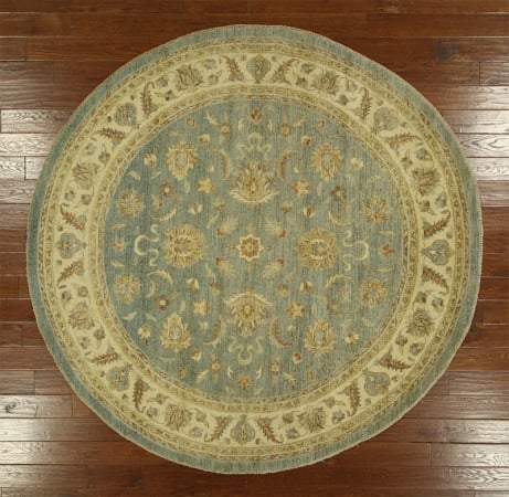 H3836 New Chobi 8 Ft. Round Oriental Vegetable Dyed Blue Hand Knotted Wool Area Rug