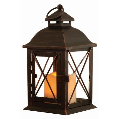 Antique Brown Led Lantern With Timer Candle - 10 In.