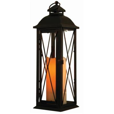 Antique Brown Led Lantern With Timer Candle - 16 In.