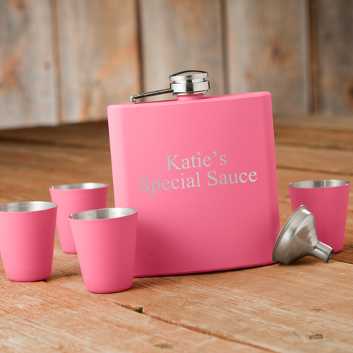 Gc1245 Personalized Matte Pink Flask & Shot Glass Gift Box Set