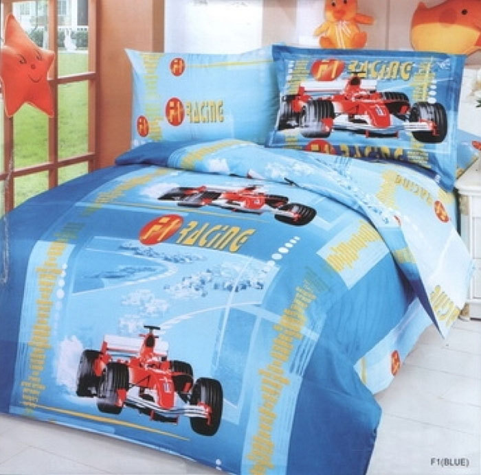 Le42t Toddler Room Bedding Modern Twin Duvet Covet Set, Car Racing Blue
