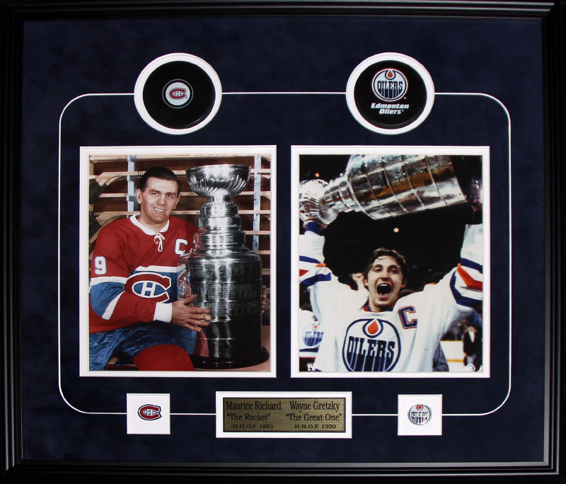 Richardgretzky_2photo_pucks Maurice Richard & Wayne Gretzky 2 Photo Puck Frame