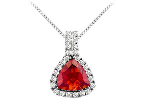 Created Ruby Triangle And Cz Pendant In 14k White Gold 2.75 Carat Total Gem Weight