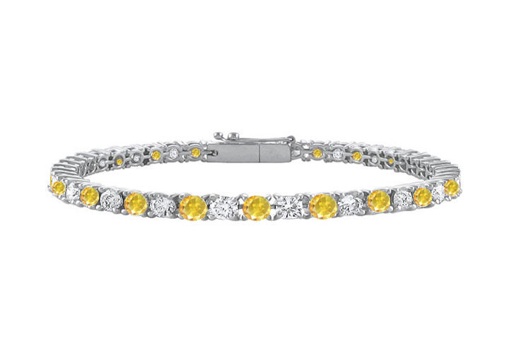 14k White Gold Created Yellow Sapphire And Cubic Zirconia Prong Set Tennis Bracelet 2