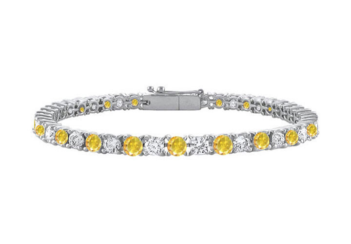 14k White Gold Created Yellow Sapphire And Cubic Zirconia Prong Set Tennis Bracelet 4