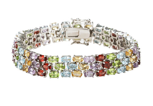14k White Gold Prong Set Three Rows Oval Multi Color Gemstone Bracelet With 19 Ct Tgw
