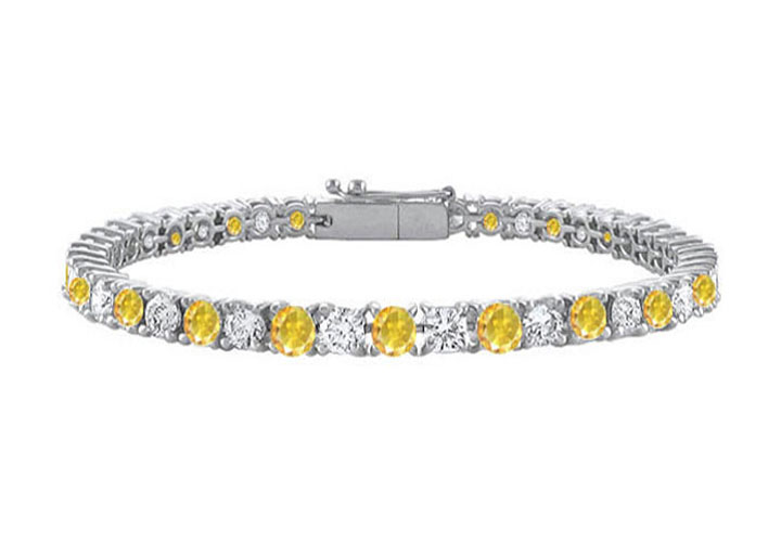 Created Yellow Sapphire And Cubic Zirconia Prong Set Tennis Bracelet In 14k White Gold 7