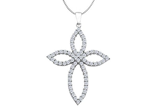 14k White Gold Cross Diamond Of Religious Necklace Design As Clover Leaf With 1.55 Carat Diamond