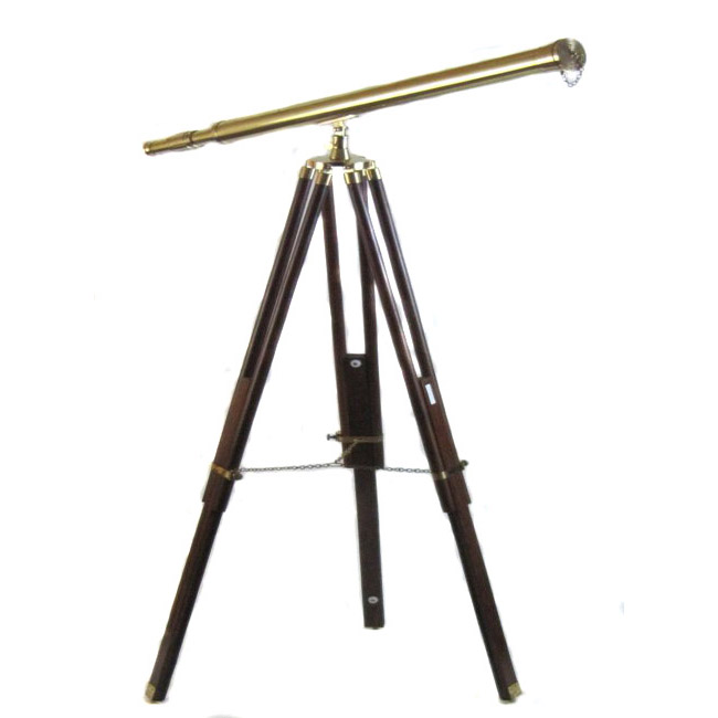 8810684rb Antique Replica Brass Telescope With Wood Tripod Floor Stand