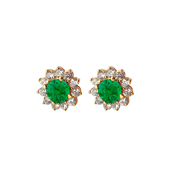 May Birthstone Emerald With Cz Floral Earrings In 14k Yellow Gold