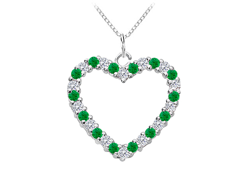 Green Emerald And Diamond Heart Pendant In White Gold 14k Total Gem Weight Of 0.75 Carat
