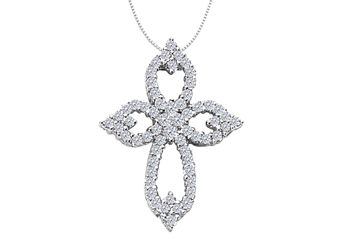 Diamond Cross Necklace In 14k White Gold Clover Leaf Design With 1.05 Carat Diamonds