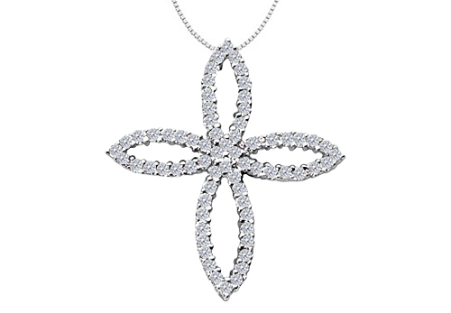 1 Carat Diamond Set In 14k White Gold Clover Leaf Design Cross Pendant Necklace