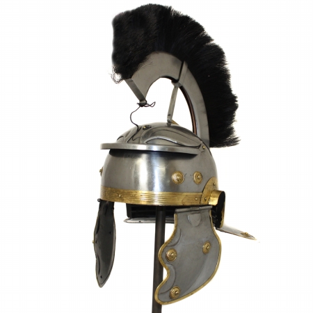 8880670 Antique Replica Roman Centurion Black Plume Galea Helmet - Silver & Gold