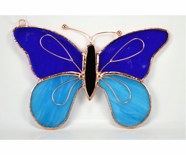 Ge150 Dark & Light Blue Butterfly With Leaves Sun Catcher