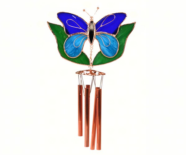Ge151 Dark & Light Blue Butterfly With Leaves Wind Catcher