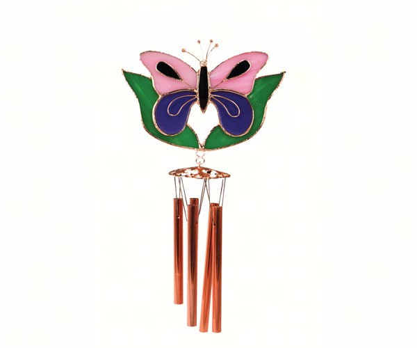Ge146 Pink And Purple Butterfly With Leaves Wind Chime