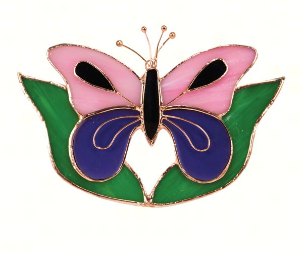 Ge147 Pink & Purple Butterfly With Leaves Sun Catcher