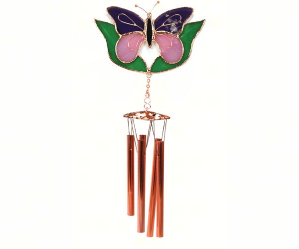 Ge162 Purple & Pink Butterfly With Leaves Wind Chime