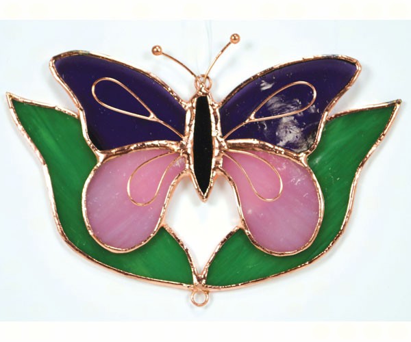 Ge163 Purple & Pink Butterfly With Leaves Sun Catcher