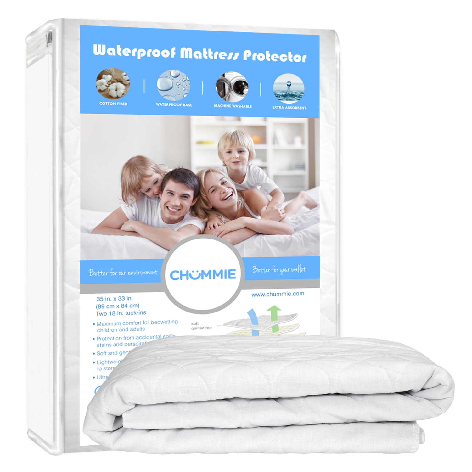 Chummie Deluxe Super Absorbent Bedwetting Incontinence Waterproof Mattress Sheet Protector 4 Layer Protection 6 Cup Absorption 34"x36"