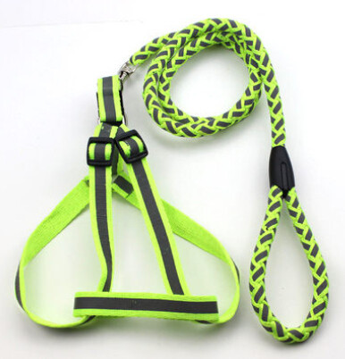 Reflective Stitched Easy Tension Adjustable 2-in-1 Dog Leash And Harness, Green - Small