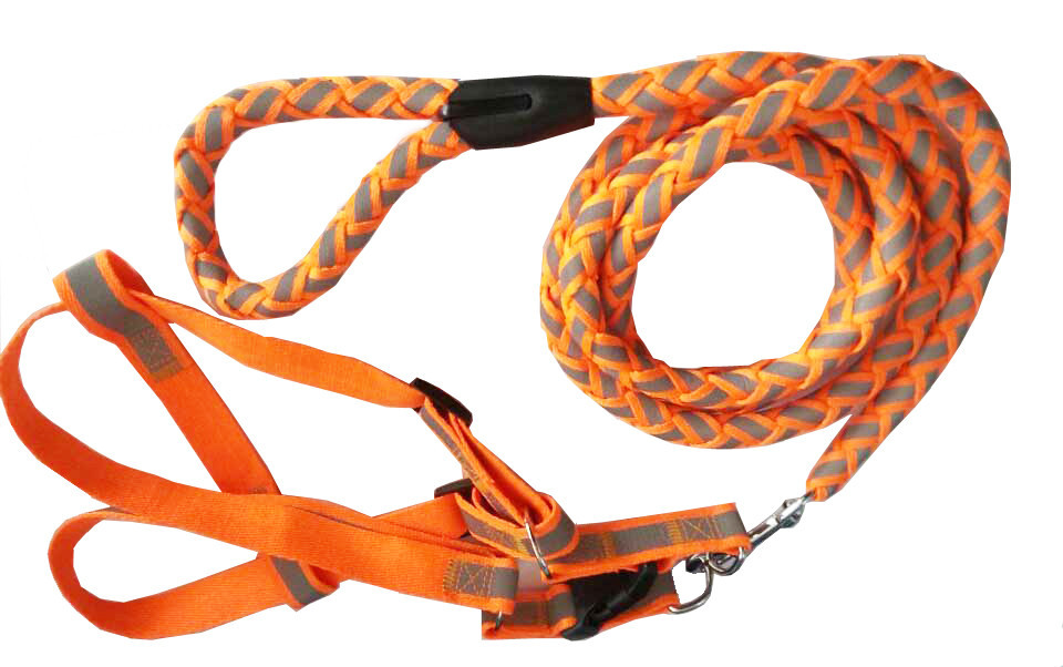 Reflective Stitched Easy Tension Adjustable 2-in-1 Dog Leash And Harness, Orange - Medium