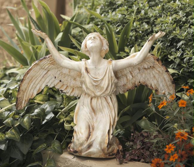 CBK Home 74350 Kneeling Angel and Doves Garden Statue with Aged Painted Cast Iron Look - Rust Brown and White Wash Finish