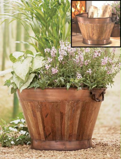 CBK Home 74427 Wooden Barrel-style Planter with Antique Copper Liner and Trim Band