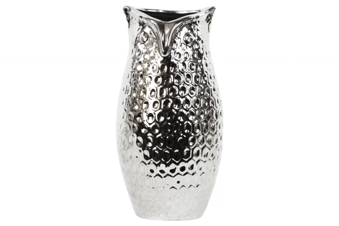 Ceramic Owl Vase Dimpled Polished Chrome Silver, Large