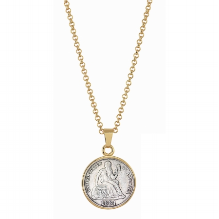 13597 Seated Liberty Silver Dime Goldtone Pendant With 18 In. Chain