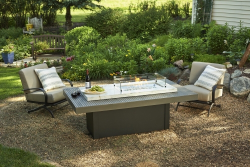 Outdoorgreatroom Boardwalk Crystal Fire Coffee Table - Marbleized White Top And Gray Base